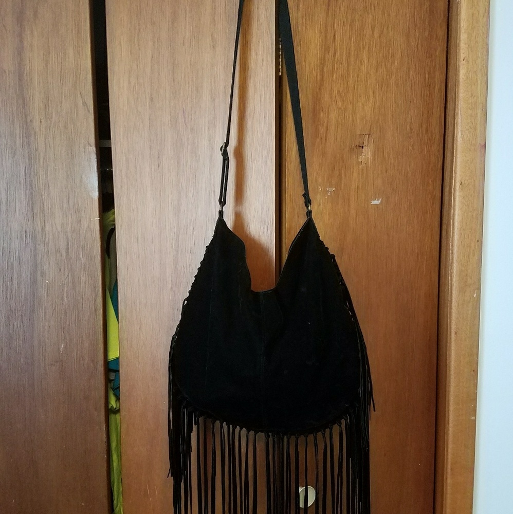 T Shirt and Jeans black suede fringe purse